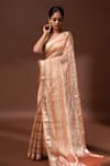 Buy_Sacred Weaves_Peach Tissue Silk Zari Banarasi Pattern Saree With Unstitched Blouse Piece _Online_at_Aza_Fashions