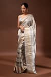 Buy_Sacred Weaves_Grey Tissue Silk Zari Handloom Pattern Saree With Unstitched Blouse Piece _at_Aza_Fashions