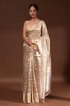 Sacred Weaves_Beige Tissue Silk Zari Stripe Pattern Saree With Unstitched Blouse Piece _Online_at_Aza_Fashions