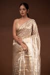 Buy_Sacred Weaves_Beige Tissue Silk Zari Stripe Pattern Saree With Unstitched Blouse Piece_Online_at_Aza_Fashions