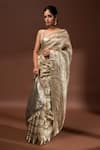 Shop_Sacred Weaves_Green Tissue Silk Zari Stripe Handwoven Saree With Unstitched Blouse Piece _Online_at_Aza_Fashions