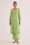 Devnaagri_Green Silk Chanderi Embroidered Thread V Neck Kurta Pant Set _Online_at_Aza_Fashions