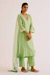 Shop_Devnaagri_Green Silk Chanderi Embroidered Thread V Neck Kurta Pant Set _at_Aza_Fashions