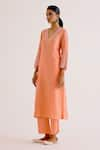 Buy_Devnaagri_Peach Silk Chanderi Embroidered Thread V Neck Kurta Palazzo Set _Online_at_Aza_Fashions