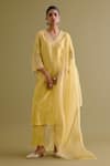 Buy_Devnaagri_Yellow Silk Chanderi Embroidered Thread V Neck Kurta Palazzo Set _at_Aza_Fashions