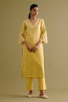 Devnaagri_Yellow Silk Chanderi Embroidered Thread V Neck Kurta Palazzo Set _Online_at_Aza_Fashions