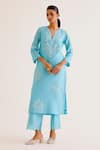 Devnaagri_Blue Silk Chanderi Embroidered Thread V Neck Work Kurta Palazzo Set _Online_at_Aza_Fashions