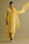 Buy_Devnaagri_Yellow Silk Chanderi Embroidered Thread Notched Dori Work Kurta Palazzo Set _at_Aza_Fashions