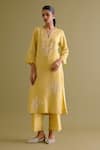 Devnaagri_Yellow Silk Chanderi Embroidered Thread Notched Dori Work Kurta Palazzo Set _Online_at_Aza_Fashions