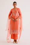 Buy_Devnaagri_Orange Silk Chanderi Embroidered Dori Notched Floral Kurta Palazzo Set _at_Aza_Fashions