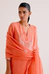 Devnaagri_Orange Silk Chanderi Embroidered Dori Notched Floral Kurta Palazzo Set _at_Aza_Fashions