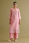 Devnaagri_Pink Silk Chanderi Embroidered Dori Notched Straight Kurta And Palazzo Set _Online_at_Aza_Fashions