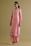 Buy_Devnaagri_Pink Silk Chanderi Embroidered Dori Notched Straight Kurta And Palazzo Set _Online_at_Aza_Fashions