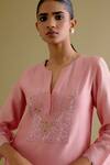 Devnaagri_Pink Silk Chanderi Embroidered Dori Notched Straight Kurta And Palazzo Set _at_Aza_Fashions