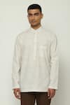 Abraham & Thakore_Off White Cotton Printed Broken Pinstripes Motif Short Kurta _Online_at_Aza_Fashions