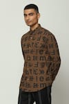 ABRAHAM AND THAKORE_Brown Cotton Printed Calligraphy Spaced Out Shirt _Online_at_Aza_Fashions