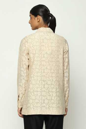 Shop_ABRAHAM AND THAKORE_Beige Chanderi Cut Work Collared Calligraphy Shirt _at_Aza_Fashions