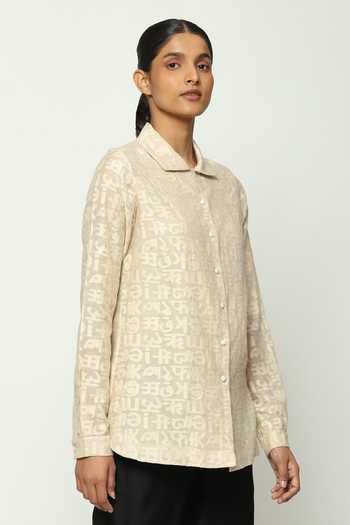 Shop_ABRAHAM AND THAKORE_Beige Chanderi Cut Work Collared Calligraphy Shirt _Online_at_Aza_Fashions