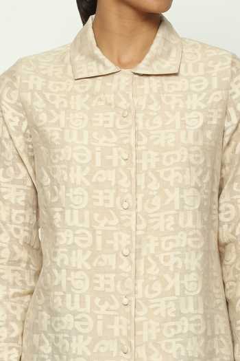 ABRAHAM AND THAKORE_Beige Chanderi Cut Work Collared Calligraphy Shirt _at_Aza_Fashions