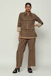 Buy_Abraham & Thakore_Brown Cotton Collared Applique Striped Shirt _at_Aza_Fashions