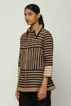 Abraham & Thakore_Brown Cotton Collared Applique Striped Shirt _Online_at_Aza_Fashions