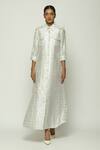 Buy_Abraham And Thakore_Ivory Chanderi Embroidery Collared Zari Calligraphy Cutworj Pattern Shirt Dress _at_Aza_Fashions
