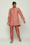 Buy_Abraham & Thakore_Red Chanderi Collared Calligraphy Cutwork Pattern Shirt _at_Aza_Fashions