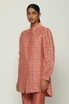 Abraham & Thakore_Red Chanderi Collared Calligraphy Cutwork Pattern Shirt _Online_at_Aza_Fashions