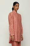 Buy_Abraham & Thakore_Red Chanderi Collared Calligraphy Cutwork Pattern Shirt _Online_at_Aza_Fashions