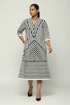 Buy_Abraham & Thakore_Black Cotton Applique Geometric Striped V Neck Midi Dress _at_Aza_Fashions