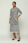 Shop_Abraham & Thakore_Black Cotton Applique Geometric Striped V Neck Midi Dress _at_Aza_Fashions