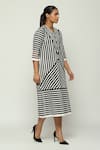 Abraham & Thakore_Black Cotton Applique Geometric Striped V Neck Midi Dress _Online_at_Aza_Fashions