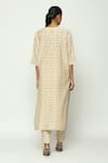 Shop_ABRAHAM AND THAKORE_Beige Chanderi Calligraphy Round Neck Cutwork A Line Kurta _at_Aza_Fashions