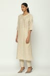 Abraham & Thakore_Beige Chanderi Calligraphy Round Neck Cutwork A Line Kurta _Online_at_Aza_Fashions