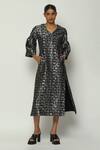 Buy_Abraham And Thakore_Black Chanderi Cut Work V-neck Calligraphy Zari Pattern Midi Dress _at_Aza_Fashions