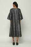 Shop_Abraham And Thakore_Black Chanderi Cut Work V-neck Calligraphy Zari Pattern Midi Dress _at_Aza_Fashions