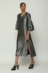 Abraham And Thakore_Black Chanderi Cut Work V-neck Calligraphy Zari Pattern Midi Dress _Online_at_Aza_Fashions