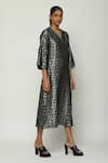Buy_Abraham And Thakore_Black Chanderi Cut Work V-neck Calligraphy Zari Pattern Midi Dress _Online_at_Aza_Fashions