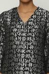 Shop_Abraham And Thakore_Black Chanderi Cut Work V-neck Calligraphy Zari Pattern Midi Dress _Online_at_Aza_Fashions