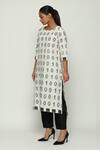 Abraham & Thakore_Ivory Silk Woven Ikat Code Round Neck Kurta _Online_at_Aza_Fashions