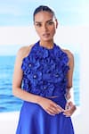 Shop_House of Zeniaa_Blue Luxury Crepe Embellished 3d Flowers Halter Neck Bora-bora Top With Skirt _Online_at_Aza_Fashions