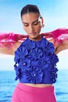 House of Zeniaa_Blue Soft Crepe Embellished 3d Flowers Halter Emma Floral Top And Pant Co-ord Set _at_Aza_Fashions