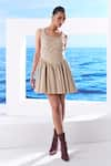 Buy_House of Zeniaa_Beige Cotton Embroidered Pearl Round Flona Flare Short Dress _at_Aza_Fashions