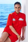 House of Zeniaa_Red Cotton Embroidered Sea Shell Collared Shirt And Shorts Set _Online_at_Aza_Fashions