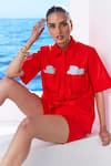 Buy_House of Zeniaa_Red Cotton Embroidered Sea Shell Collared Shirt And Shorts Set _Online_at_Aza_Fashions