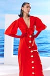 Buy_House of Zeniaa_Red Cotton Solid V Neck Summer Breeze Front Tie- Up Midi Dress _Online_at_Aza_Fashions