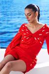 House of Zeniaa_Red Cotton Embroidered Pearl V Neck Leonara Knotted Shirt _Online_at_Aza_Fashions