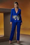 Buy_House of Zeniaa_Blue Luxury Crepe Solid Plunge-v Empire Blazer With Pant _at_Aza_Fashions