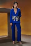 House of Zeniaa_Blue Luxury Crepe Solid Plunge-v Empire Blazer With Pant _Online_at_Aza_Fashions