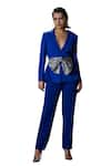 Buy_House of Zeniaa_Blue Luxury Crepe Solid Plunge-v Empire Blazer With Pant _Online_at_Aza_Fashions